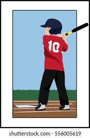 Young boy or child playing baseball holding bat getting ready to hit the ball at home plate with a white border around a colorful vector.