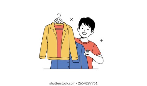 Jovem rapaz escolhendo roupa nova para usar a partir de seleção de roupas coloridas