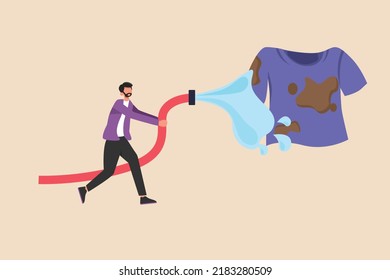 Young boy clean clothes with spray a water. Laundry concept. Flat vector illustration isolated. 