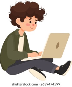 Young boy coding on laptop at home environment character art