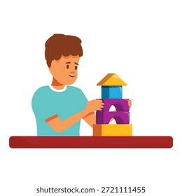 Muchacho joven que se concentra en construir una torre con bloques coloridos del juguete, desarrollando habilidades motoras finas y creatividad