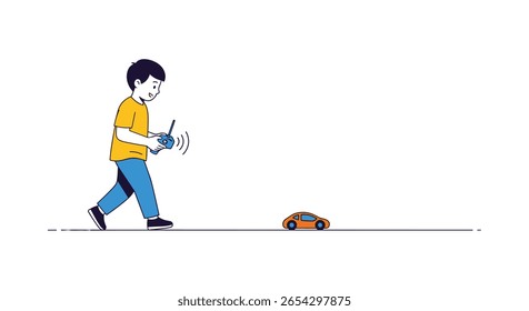 Young boy controls orange remote car toy with wireless transmitter in a playful outdoor scene