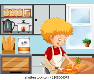 Young boy cooking in the kitchen  illustration