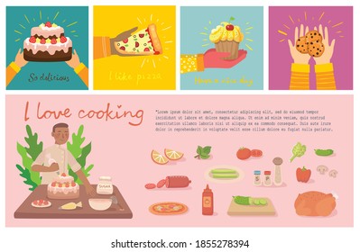 Young boy cooking pizza in kitchen at home. Coffee time, break and relaxation vector concept cards. Vector illustration in modern flat design style