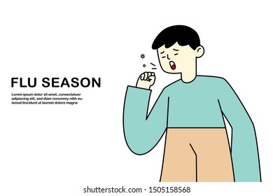 young boy coughing have flu and cold , sickness allergy concept, flat vector illustration. 