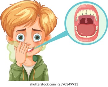 Young boy covering mouth, indicating oral health issue