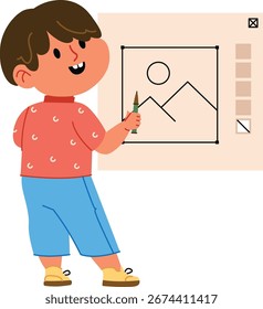 A young boy with a crayon draws a simple landscape on a digital canvas in cartoon style. The child artist creates a basic scene with mountains and sun using a stylus. Cartoon vector illustration.