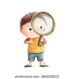 A young boy curiously looks through magnifying glass