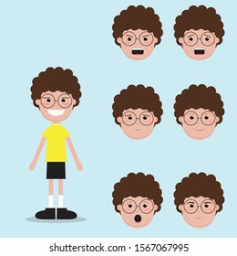 young boy with curly brown hair wearing glasses, yellow t-shirt and black shorts with different expressions