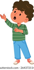 Um menino com cabelo encaracolado aponta para cima em um estilo de desenho animado divertido. A criança usa roupas casuais e parece estar falando animadamente. Ilustração de vetor de desenhos animados.