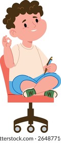 A young boy with curly hair sits cross-legged on a swivel chair, holding a pen and gesturing okay. The child appears relaxed and content while seated in the office chair. Cartoon vector illustration.