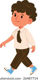 Young boy with curly hair walks confidently in formal attire and sneakers, drawn in a flat cartoon style. The child strides forward wearing a shirt, tie, and casual shoes. Cartoon vector illustration.