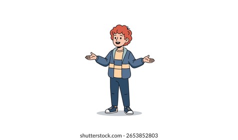 A young boy with curly red hair stands outdoors with his arms outstretched in a casual pose