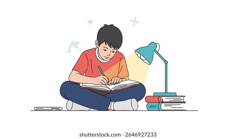 A Young Boy Deeply Engaged in Studying and Writing Under a Bright Desk Lamp