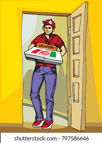 Young boy delivering hot pizzas. Pizza box. Delivery pizza man.