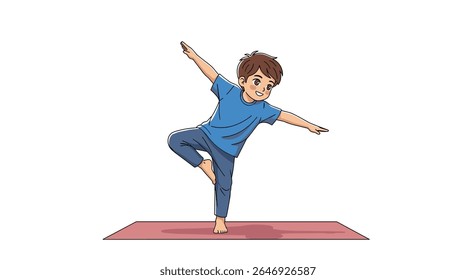 A Young Boy Demonstrates The Tree Pose With Grace And Balance On A Yoga Mat