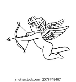 A young boy is depicted as an angel with a bow and arrow, flying through the air. Concept of grace and elegance, as well as a sense of adventure and excitement