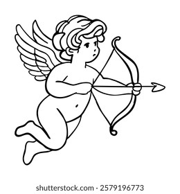 A young boy is depicted as a winged angel with a bow and arrow. Concept of innocence and purity, as the boy is dressed in a white outfit and he is flying through the air