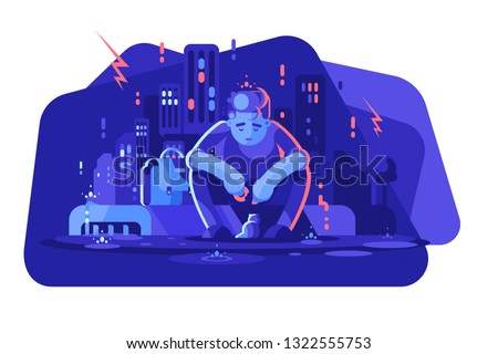 Young boy in depression vector illustration. Sad man sitting alone outside in the rain flat style concept. Depressed guy feeding little kitten. Night cityscape on background