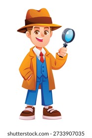 Young boy detective character smiling and holding a magnifying glass tool. Vector cartoon illustration