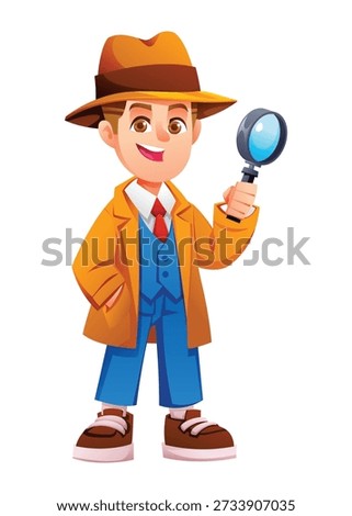 Young boy detective character smiling and holding a magnifying glass tool. Vector cartoon illustration
