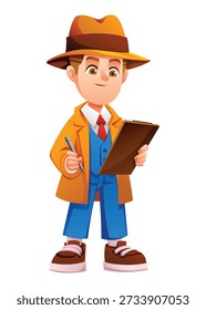 Young boy detective holding a brown clipboard and pen to record secret evidence. Vector cartoon character illustration