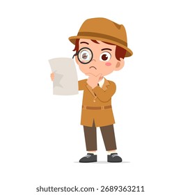 Detective joven pensando duro sosteniendo un papel usando lupa e ilustración de dibujos animados de atuendo marrón