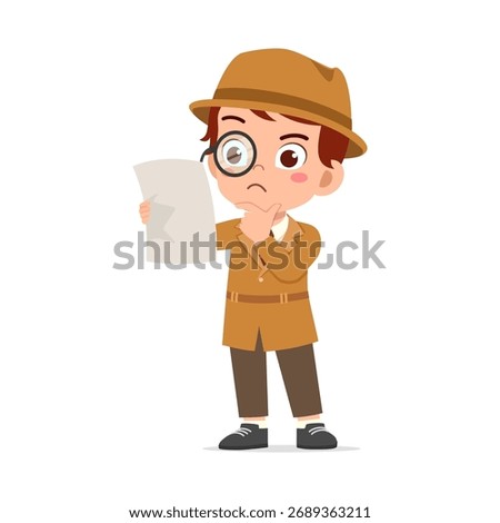 Young Boy Detective Thinking Hard Holding a Paper Wearing Magnifying Glass and Brown Outfit Cartoon Illustration