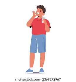 Young Boy Diligently Takes His Prescribed Pill, Showing Responsibility And Commitment To His Health. Child Character Apply Medicine or Vitamins for Recovery. Cartoon People Vector Illustration