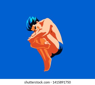 Young boy dive under the water. Summer holiday bright vector illustration.