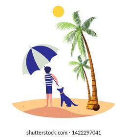 young boy with dog on the beach summer scene