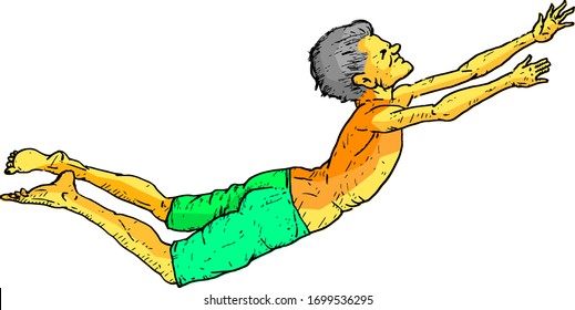 A young boy doing a belly flop dive. Hand drawn vector illustration.