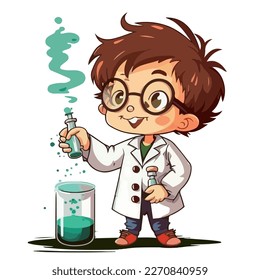 Young boy is doing chemical experiments in the laboratory. Smiling young scientist boy in chemistry lab, preschool or elementary school age. Vector illustration for children.