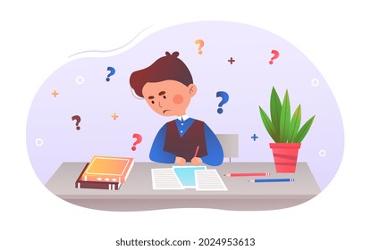 Young boy doing Homework. Teenager looks in textbook. Little child solves equations. Difficulty finding an answer. Distance learning. Cartoon flat vector illustration isolated on white background