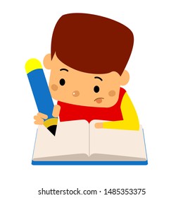 Young Boy Doing Homework Writing On Stock Vector (Royalty Free ...