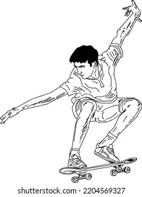Joven haciendo trucos en la ilustración vectorial de la línea de patinaje, dibujo de dibujos animados del jugador de patinaje, silueta de paseo en patineta, arte de clip de juegos de patinaje sobre patineta