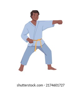 Young boy doing taekwondo or karate boxing sport activities, kickboxing tae judo character. Vector illustration of tae judo character in gown with yellow belt, student doing fighting exercises