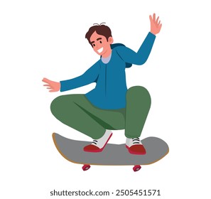 young boy doing tricks with skateboard, sportsman boy, vector illustration