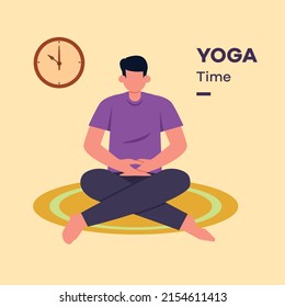 Young boy doing yoga time taking at 10 am. Activity time  vector illustration.