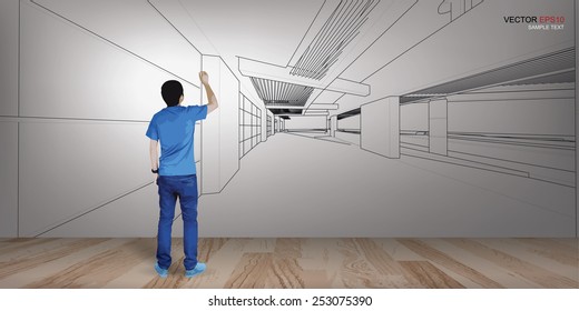 Young boy draw perspective 3D of building on the wall in room space. Vector illustration.