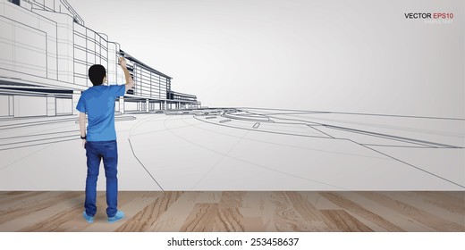 Young boy draw perspective 3D of building on the wall in room space. Vector illustration.