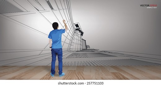 Young boy draw perspective 3D of building on the wall in room space. Vector illustration.