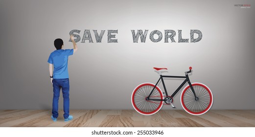 Young boy draw "Save World" on the  wall in room space with fixed gear bicycle. Vector illustration.