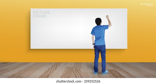 Young boy draw something on white canvas frame in room space. Vector illustration.