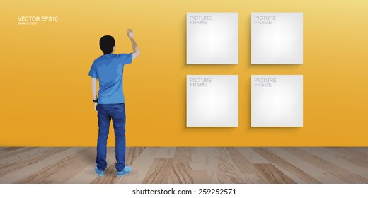 Young boy draw something and white canvas frame background in room space. Vector illustration. - Shutterstock ID 259252571