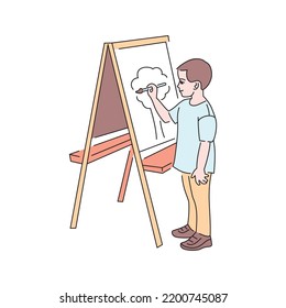 Un niño dibuja un icono de la línea de color de la tableta. Pictograma para página web, aplicación móvil, promoción.