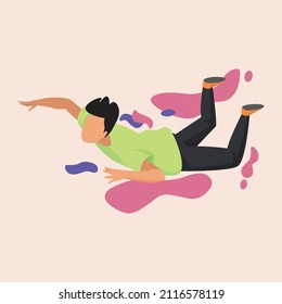Joven soñando con volar en el cielo. Hombres avanzando. Ilustración vectorial plana de color.