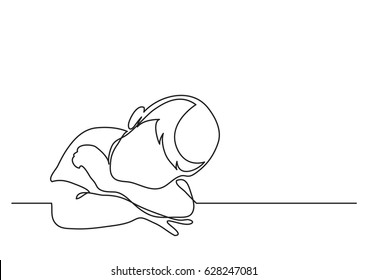 young boy dreaming leaning on desk - continuous line drawing