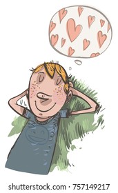 Young boy dreams of love. Vector illustration