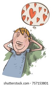 Young boy dreams of love. Vector illustration